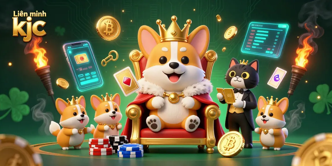 Experience the captivating Liên minh kjc with a royal corgi crowned in a vibrant casino scene.