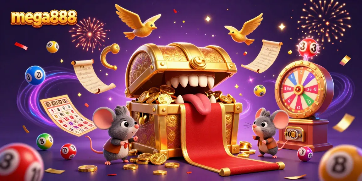 Experience the allure of mega888 with whimsical treasure chests and vibrant gaming elements.