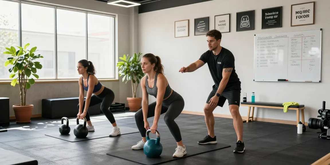 Group fitness session featuring kettlebell training at miraviglp.com/5-amino-1mq gym, showcasing energetic exercise atmosphere.