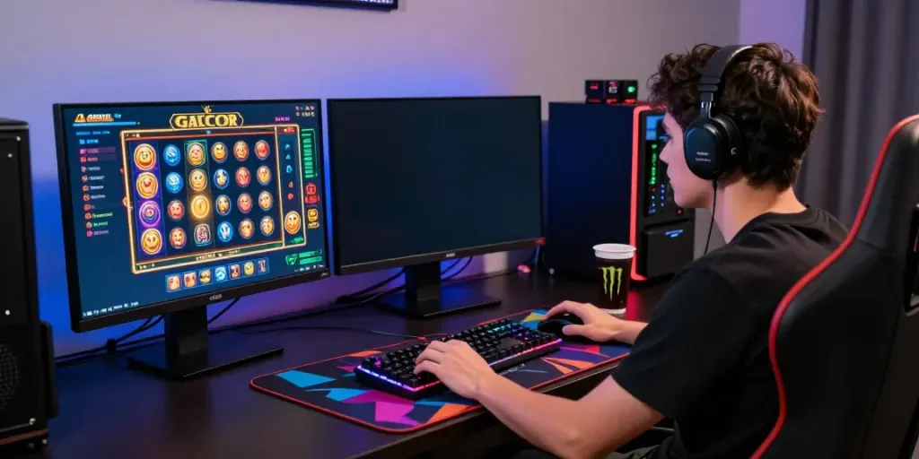 Player enjoying a slot gacor game on a vibrant gaming setup with a monitor and accessories.