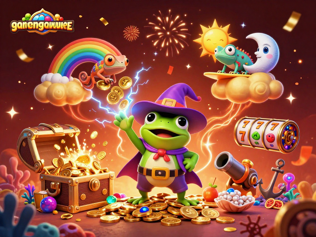 Experience gamenongtraivuive as a wizard frog conjures golden coins amidst a vibrant casino scene.