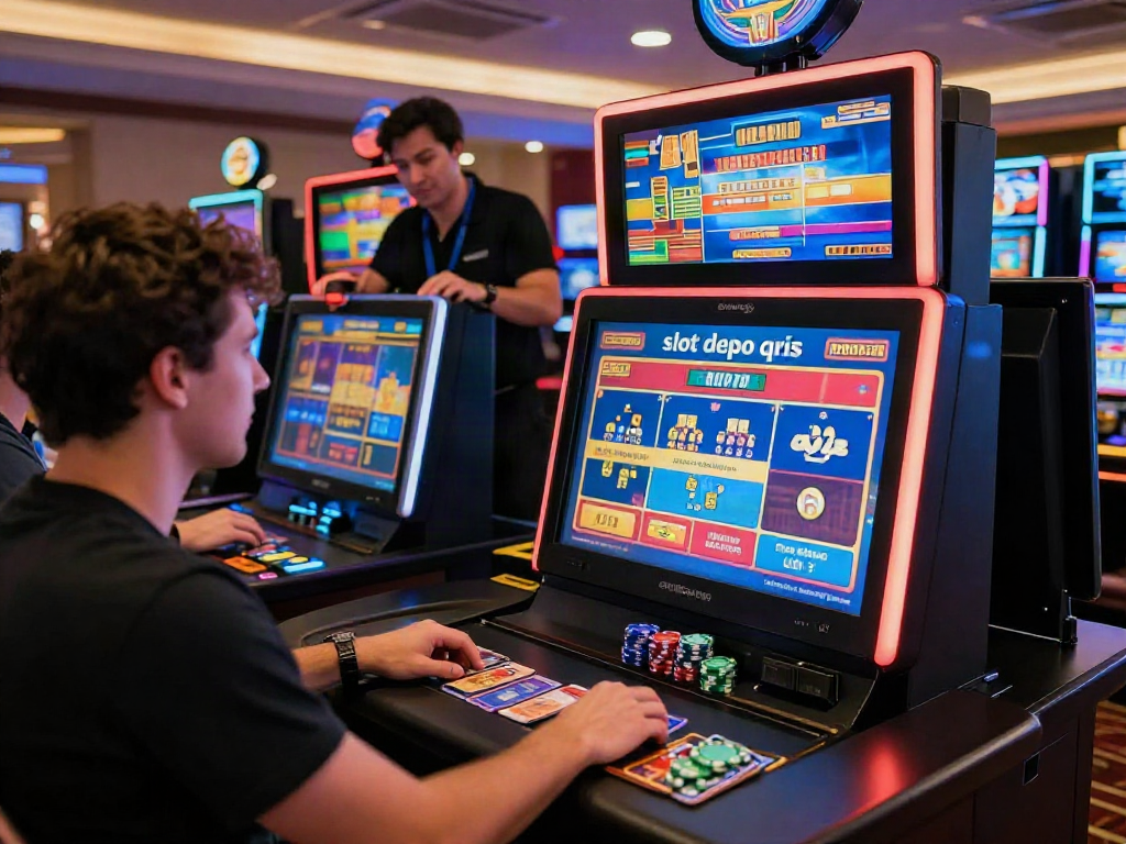 Engaged player at a modern casino exploring slot depo qris options, vibrant gaming atmosphere.