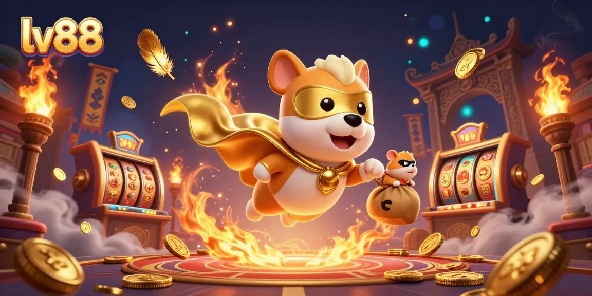 Experience winning thrills with the lv88 superhero dog and vibrant casino scene, showcasing excitement and gold.
