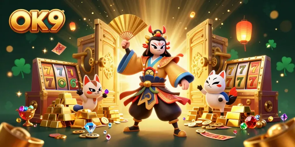 Engage with OK9's vibrant casino atmosphere featuring a kabuki warrior and kitsune, gleaming treasures.