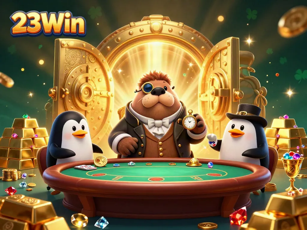 Experience high-stakes poker with 23Win's playful walrus, penguin dealer, and amusing pufferfish bluffing.