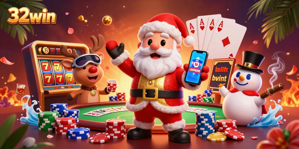 Experience slots excitement with 32win's vibrant casino-themed illustration featuring characters and gaming elements.