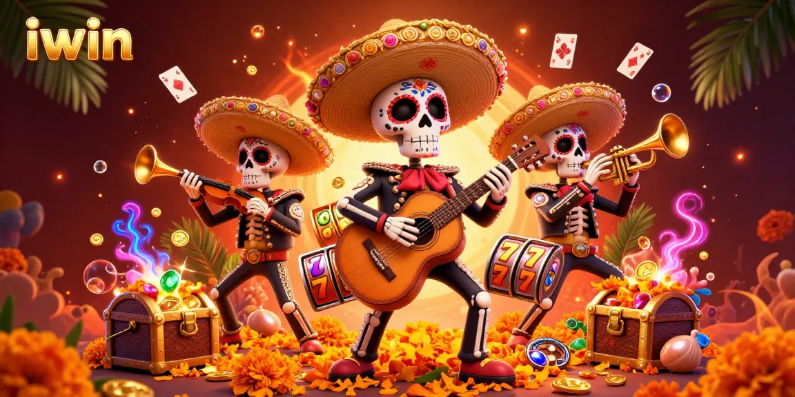 Engage with the vibrant iwin scene showcasing a mariachi band amid glittering casino elements.