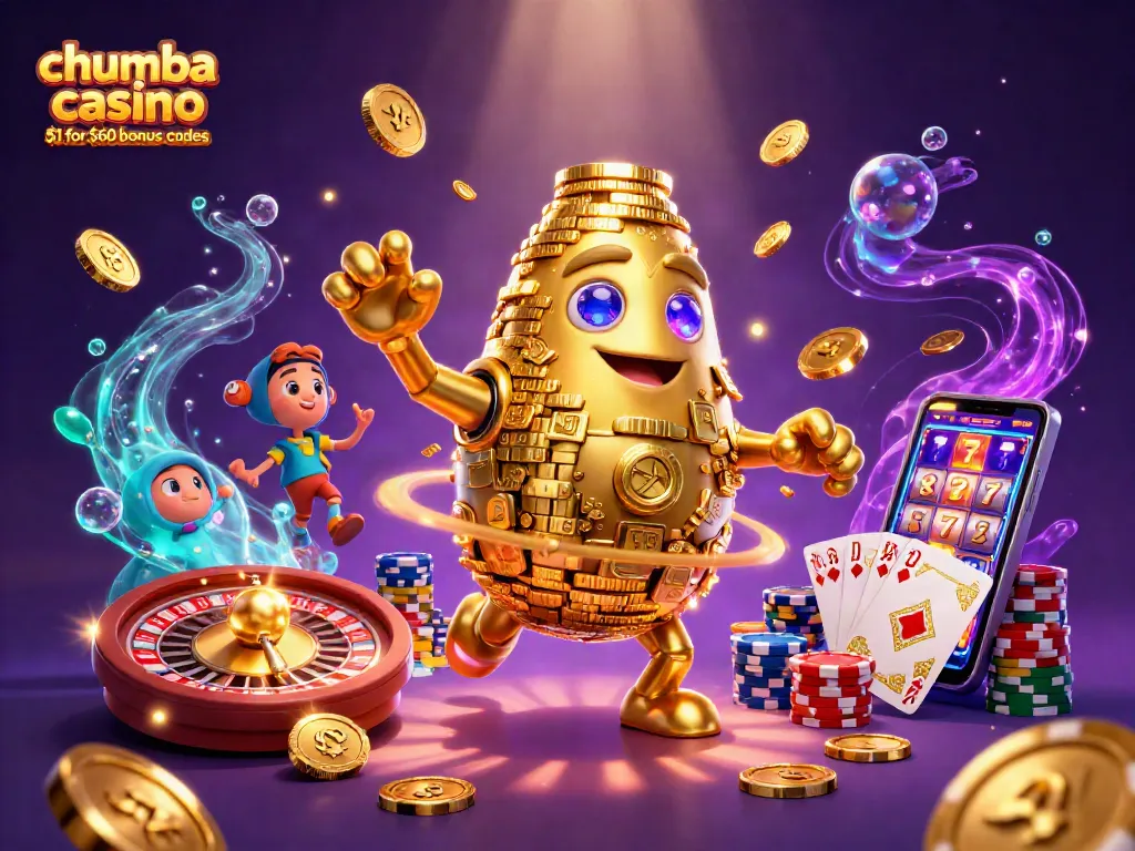 Experience the excitement of chumba casino $1 for $60 bonus codes with a dazzling illustration featuring golden golems and casino elements.