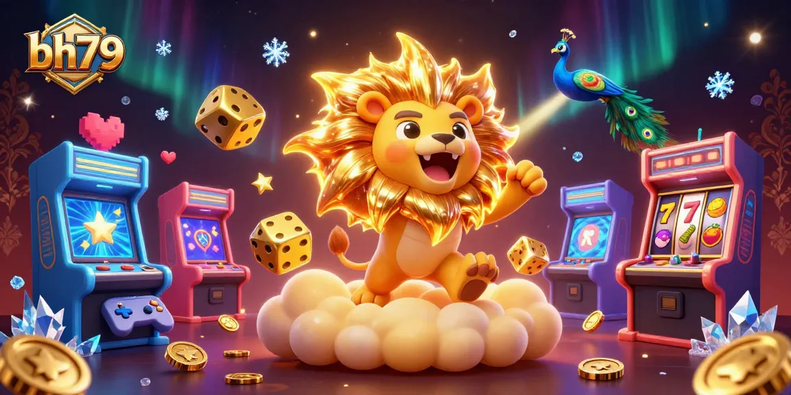 bh79 slots gameplay illustration featuring a roaring lion amidst sparkling dice and vibrant gaming elements