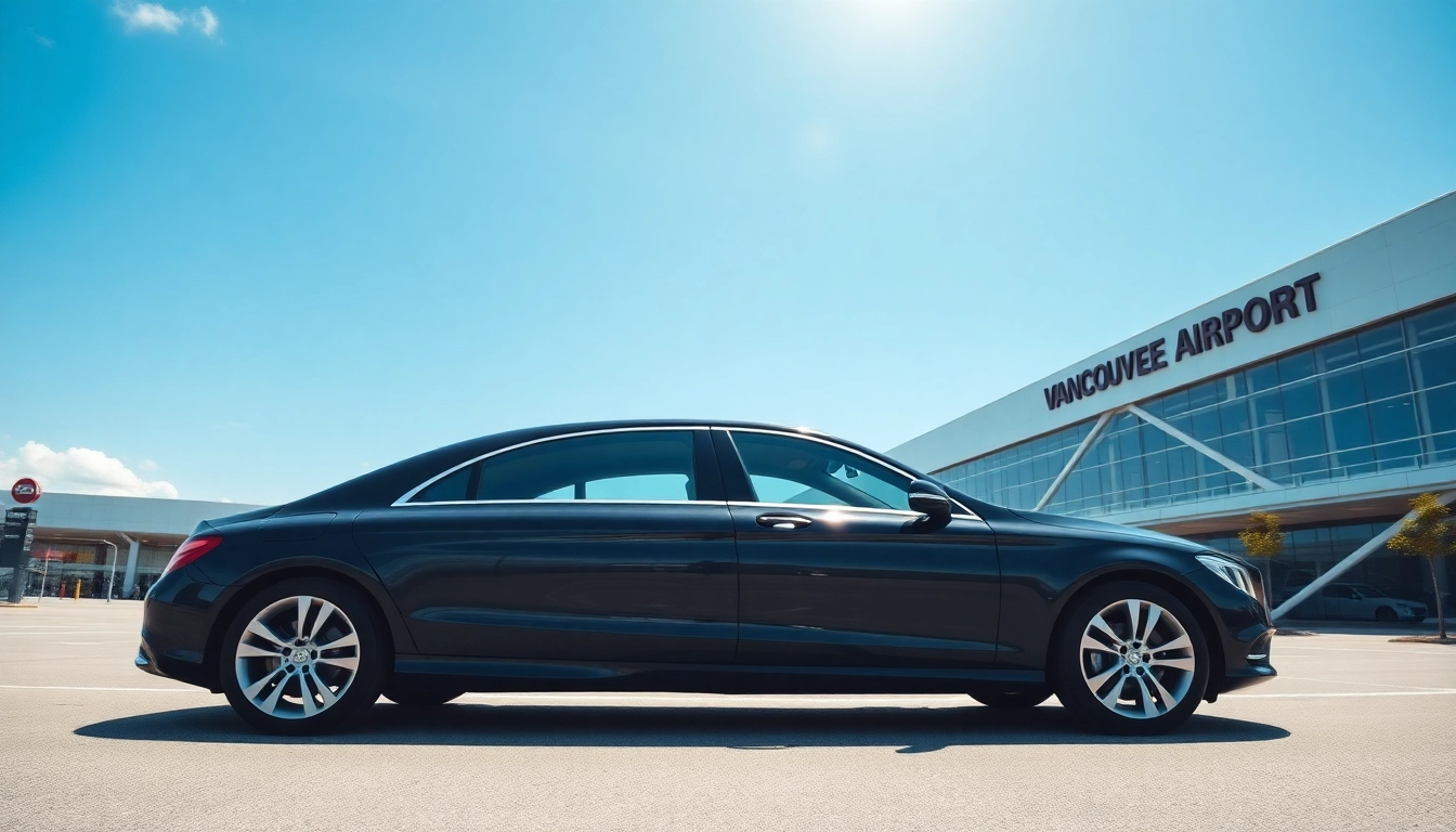 Offering car service vancouver airport with a luxury black sedan at Vancouver International Airport.