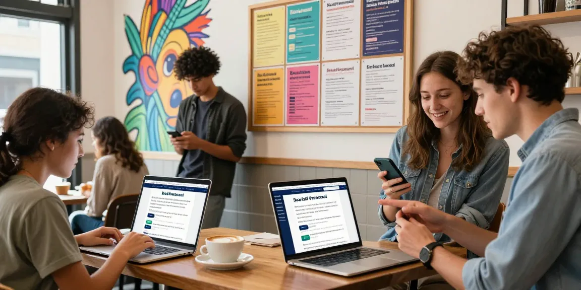 People using BedPersonal to browse local classifieds in a coffee shop.