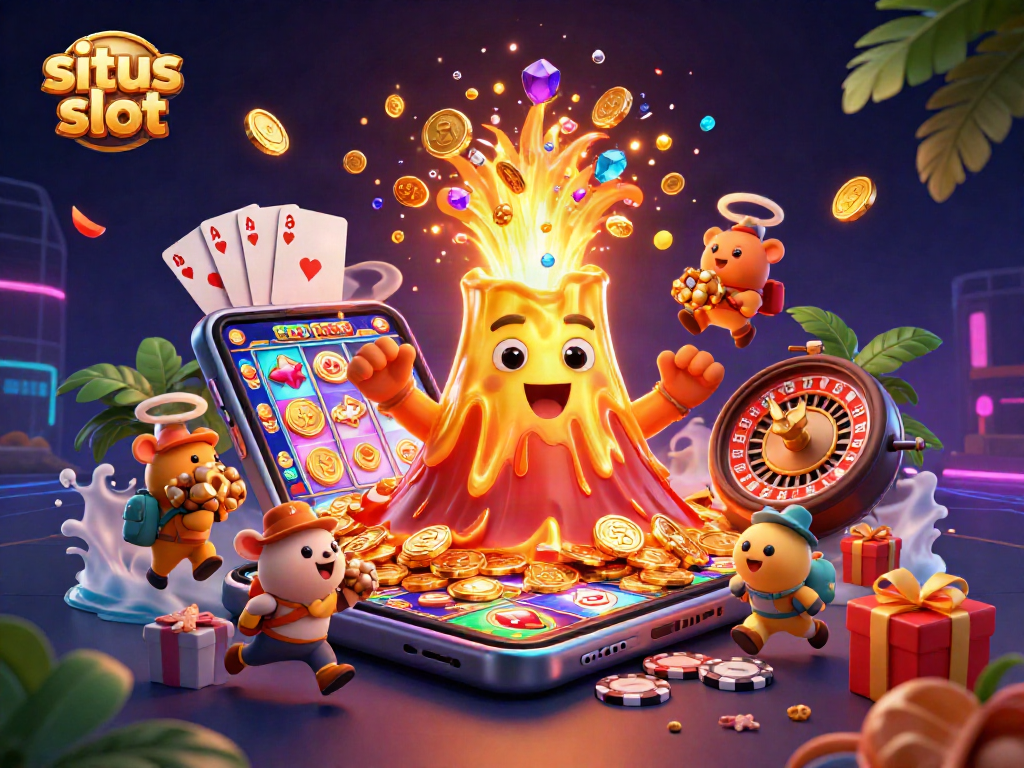 Situs slot showcases a vibrant 3D volcano erupting coins alongside adventurous animals in a stunning casino scene.