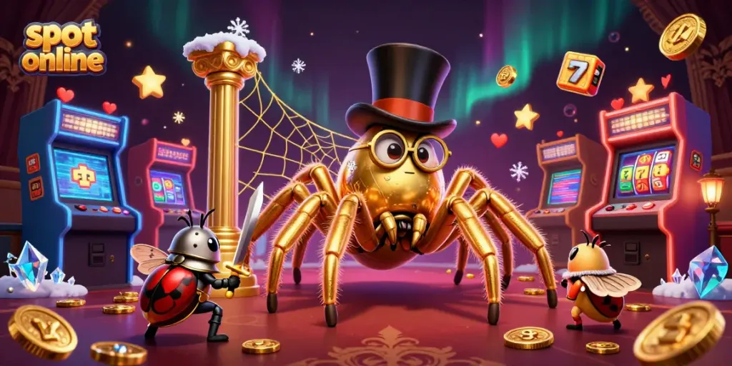 Slot online: Menangkan jackpot dengan tarantula raksasa bertopi dan ksatria kecil di kasino virtual.