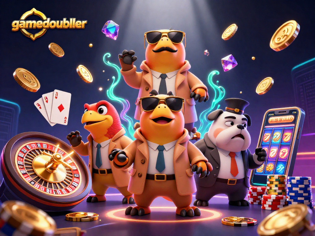 Join the fun at gamedoubler with raptors sneaking into a VIP lounge in a vibrant casino scene.