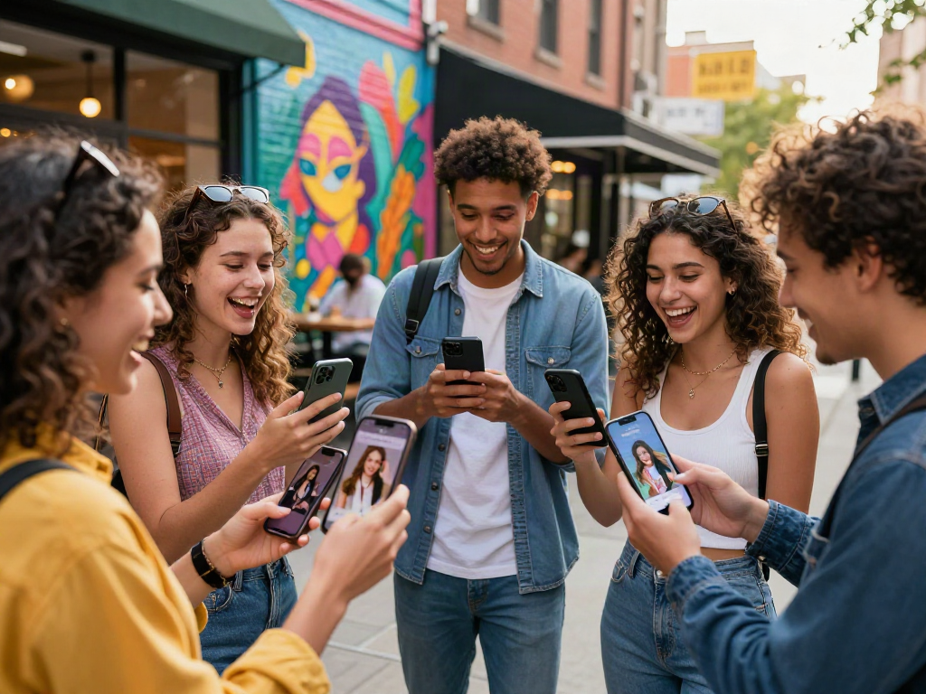 Friends excitedly using the celebs i look like app to find their celebrity doppelgängers in a vibrant urban setting.