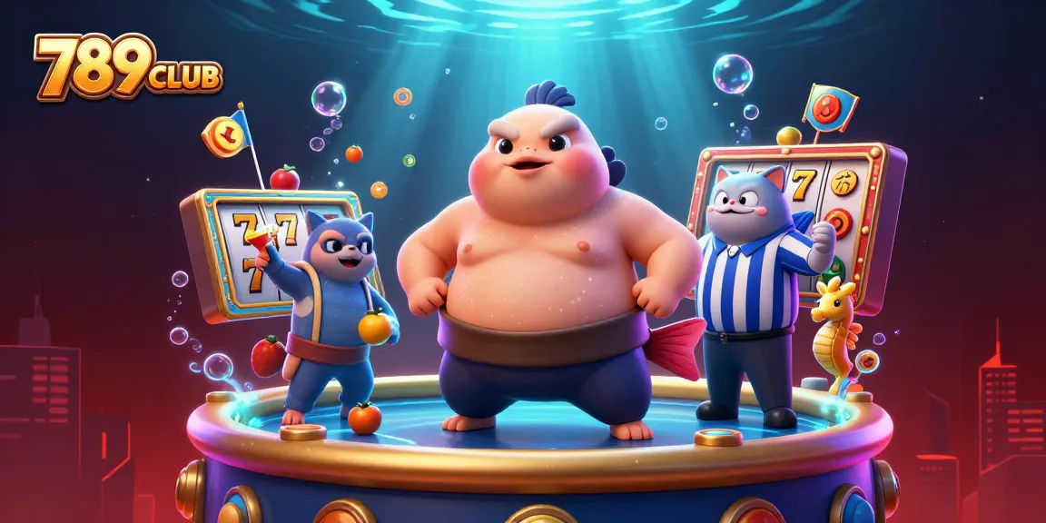 Witness exciting gameplay at 789CLUB with a lively underwater casino scene featuring vibrant slot reels and dynamic characters.