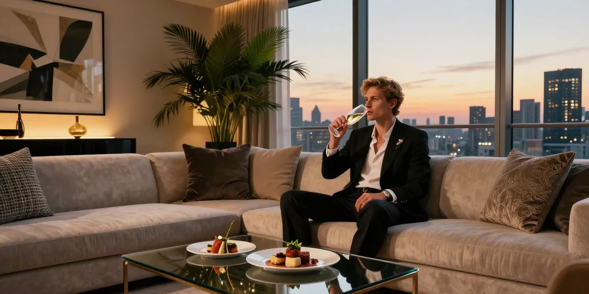 LUXURY111 pengalaman gaya hidup mewah di penthouse modern dengan pemandangan kota saat matahari terbenam.