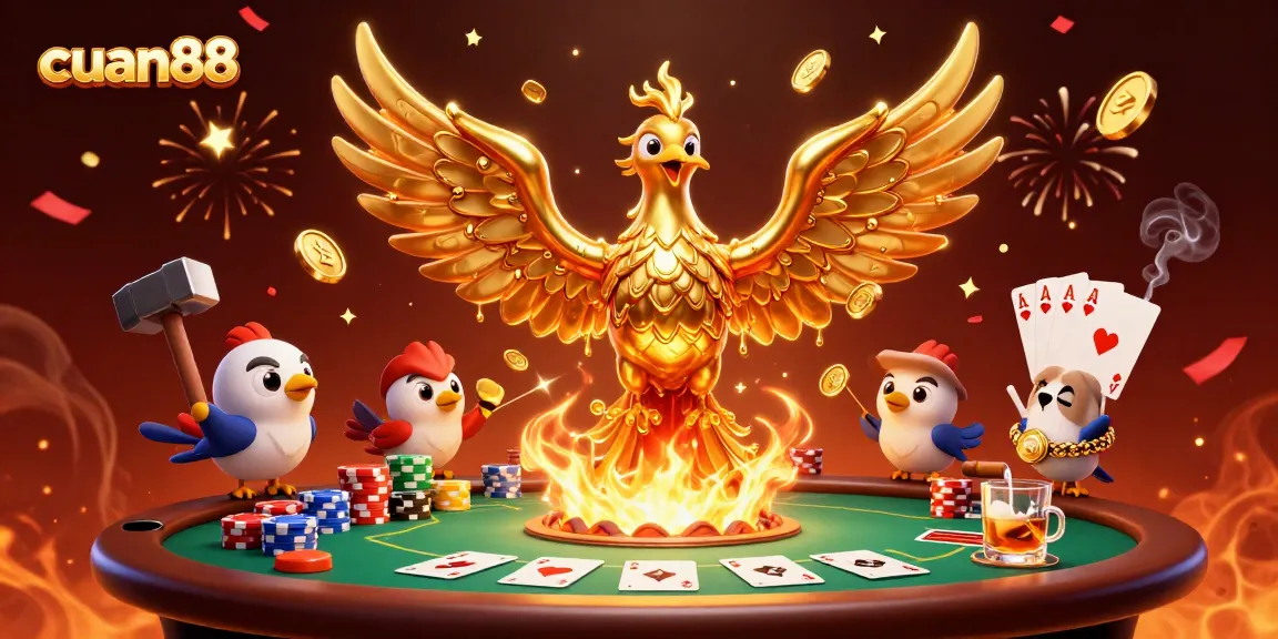 Menghadirkan cuan88, phoenix emas dan chip poker berserakan dalam suasana keceriaan taruhan.