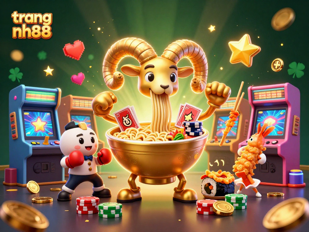 Engage with vibrant gameplay at trang nh88 featuring a dynamic 3D cartoon scene with a ramen bowl dealer and gaming elements.