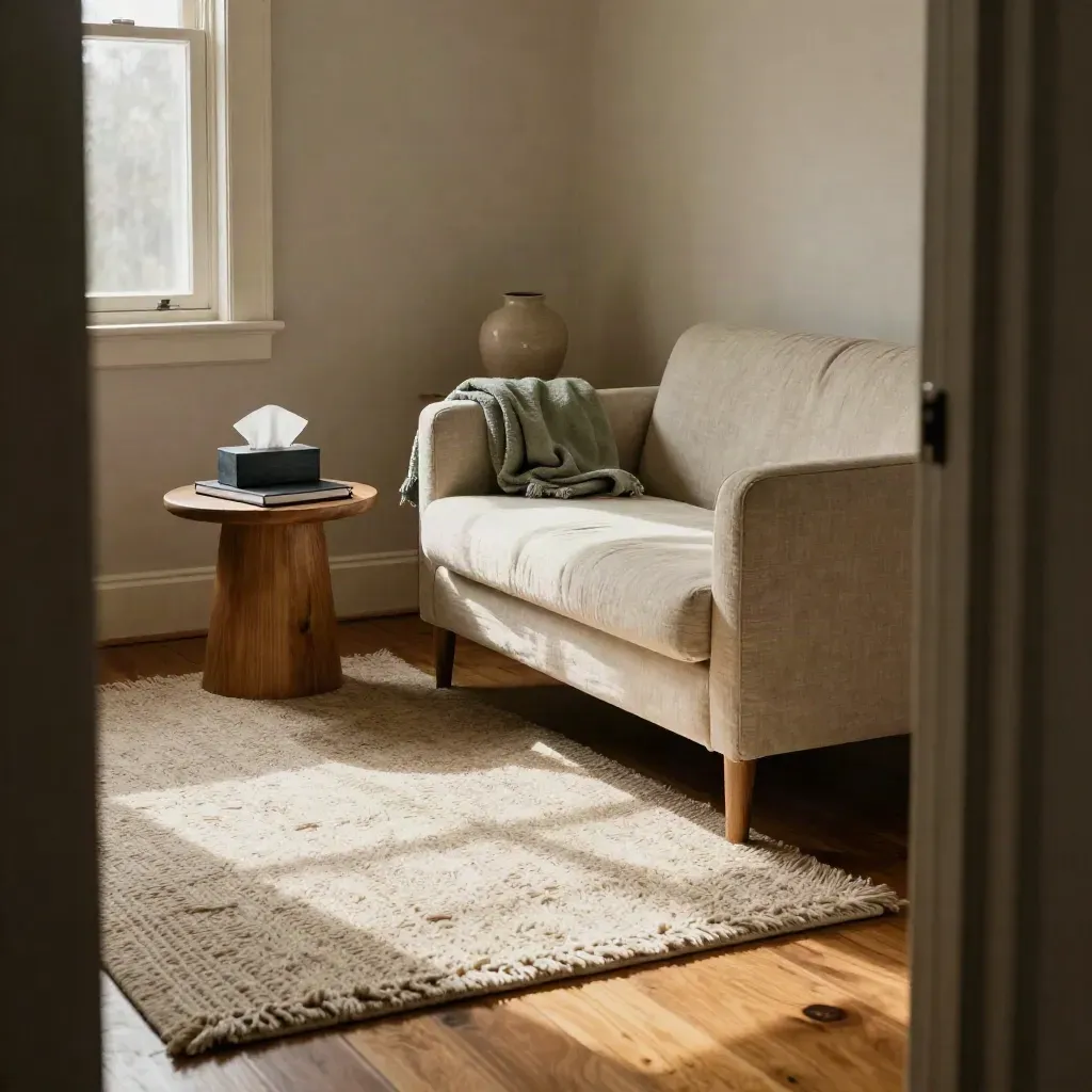 Quiet counseling room with chaise, rug, tissue box, vase, and soft throw in warm afternoon light.