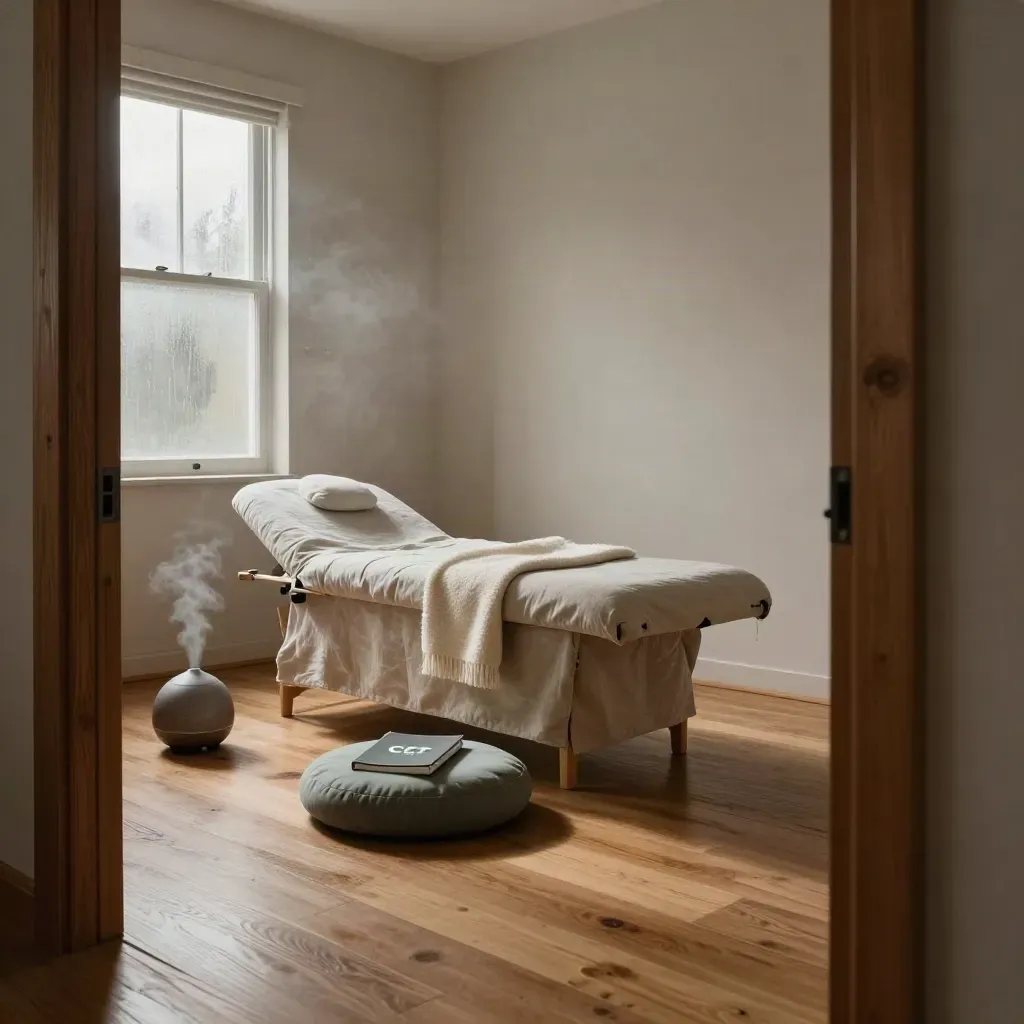 Empty therapy suite with chaise, throw, cushion, journal, diffuser, and rain-dark cedar doorway.