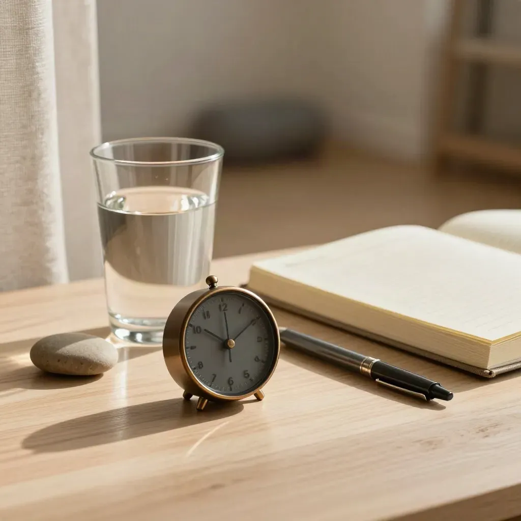 Low angle stress coaching still life with timer, water glass, planner, pen, and stone on pale wood.