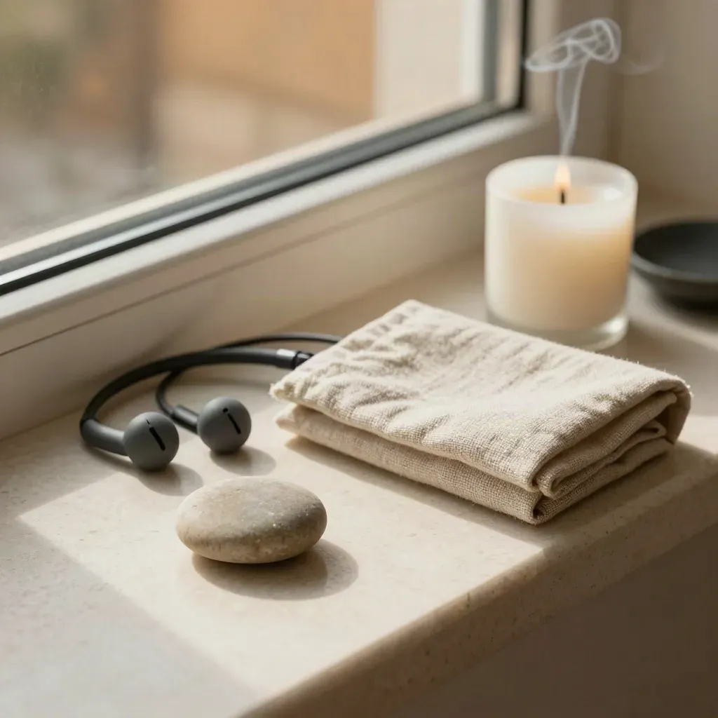 Travertine ledge with earbuds, pebble, linen sleeve, and fading candle smoke.