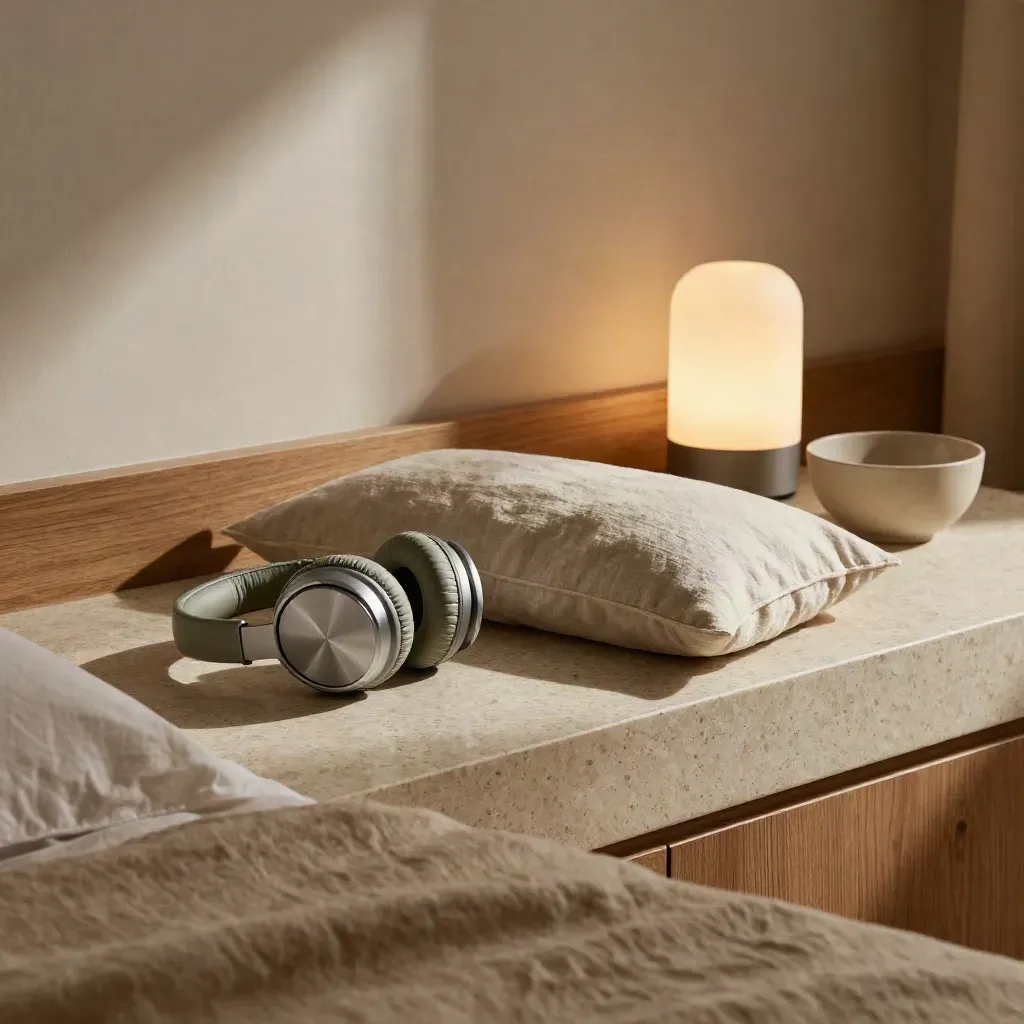 Bedside meditation setup with headphones, eye pillow, ceramic bowl, and glowing lamp in a serene dark room.