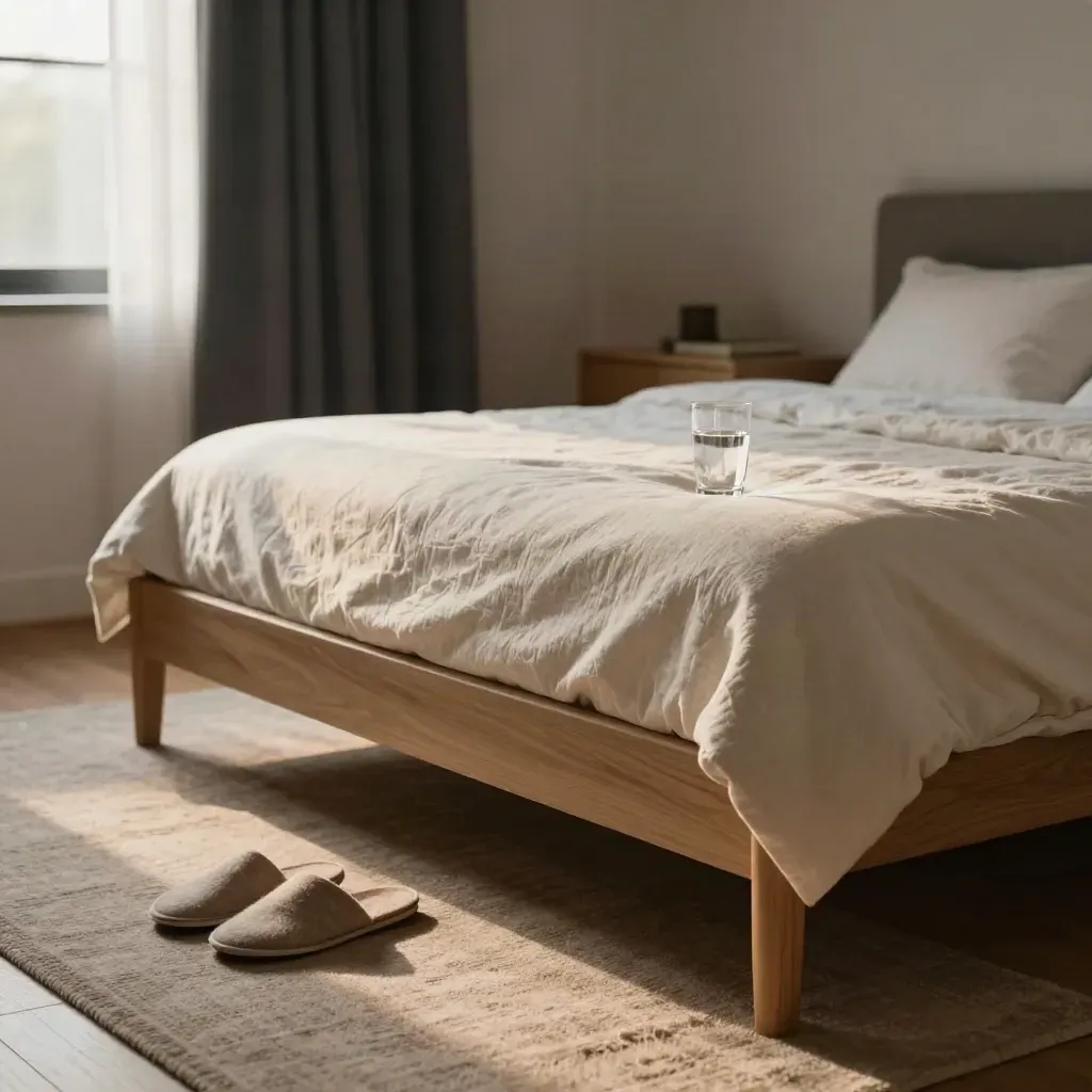 Quiet bedroom with made bed, weighted blanket, slippers, water glass and dawn light