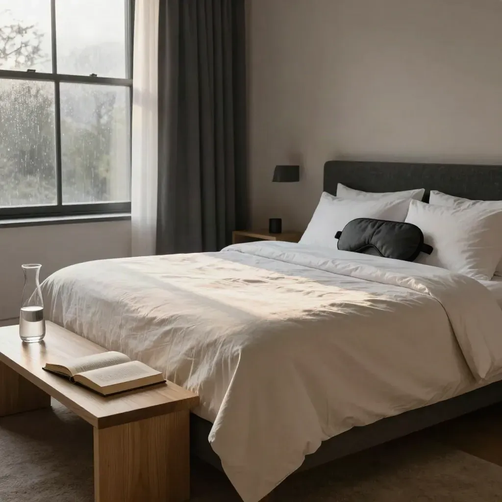 Moody reset bedroom with crisp linen, sleep mask, blackout curtains, carafe and morning light.