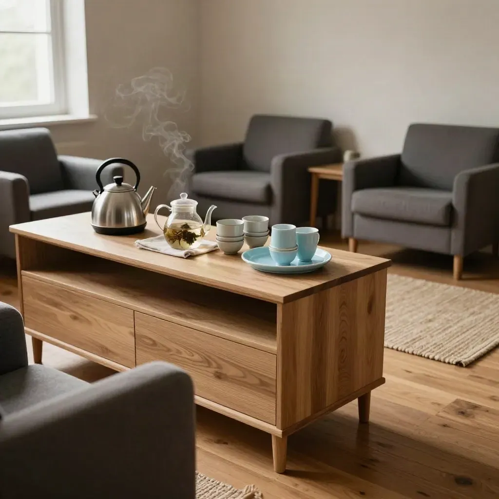 Empty break room reset zone with tea station, soft chairs, woven rug, stacked cushions, and rising steam.