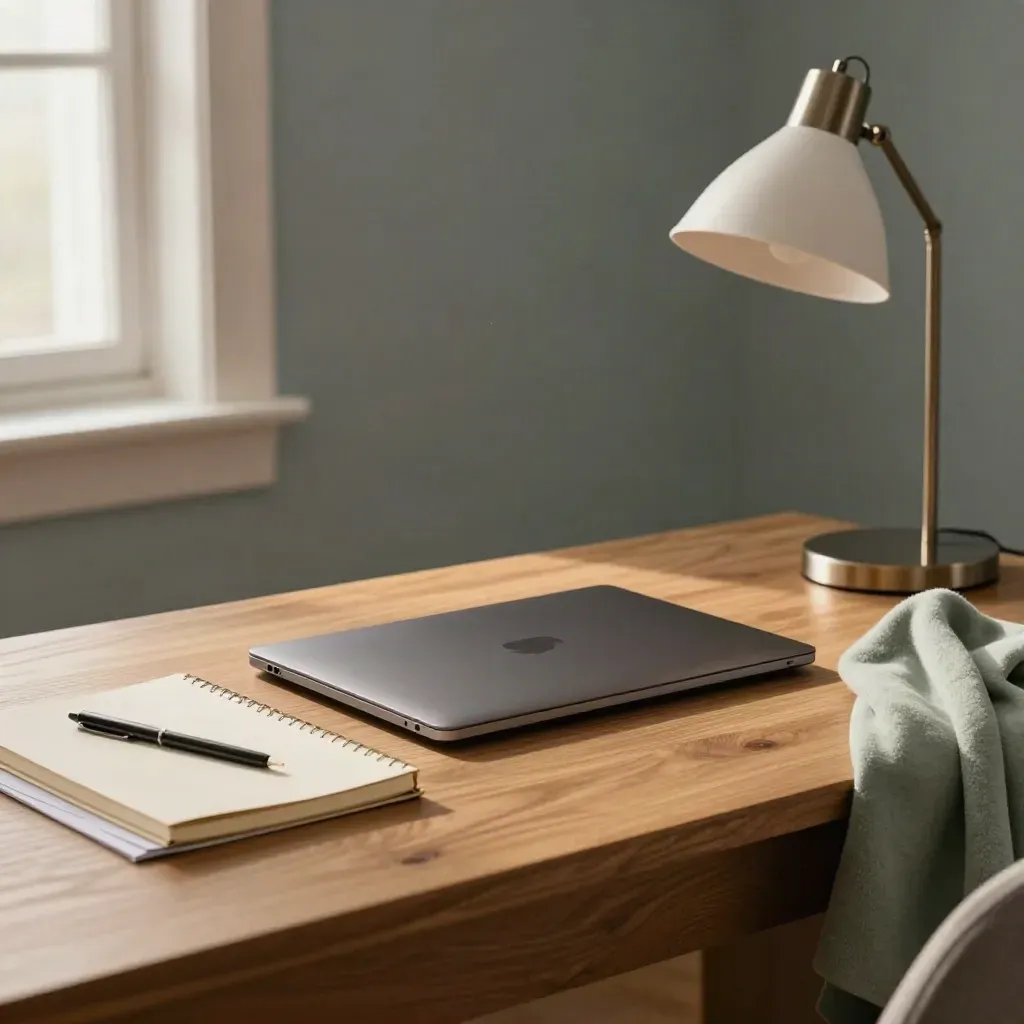 Closed laptop, notebook, lamp, and folded sage throw in a calm recovered home office.
