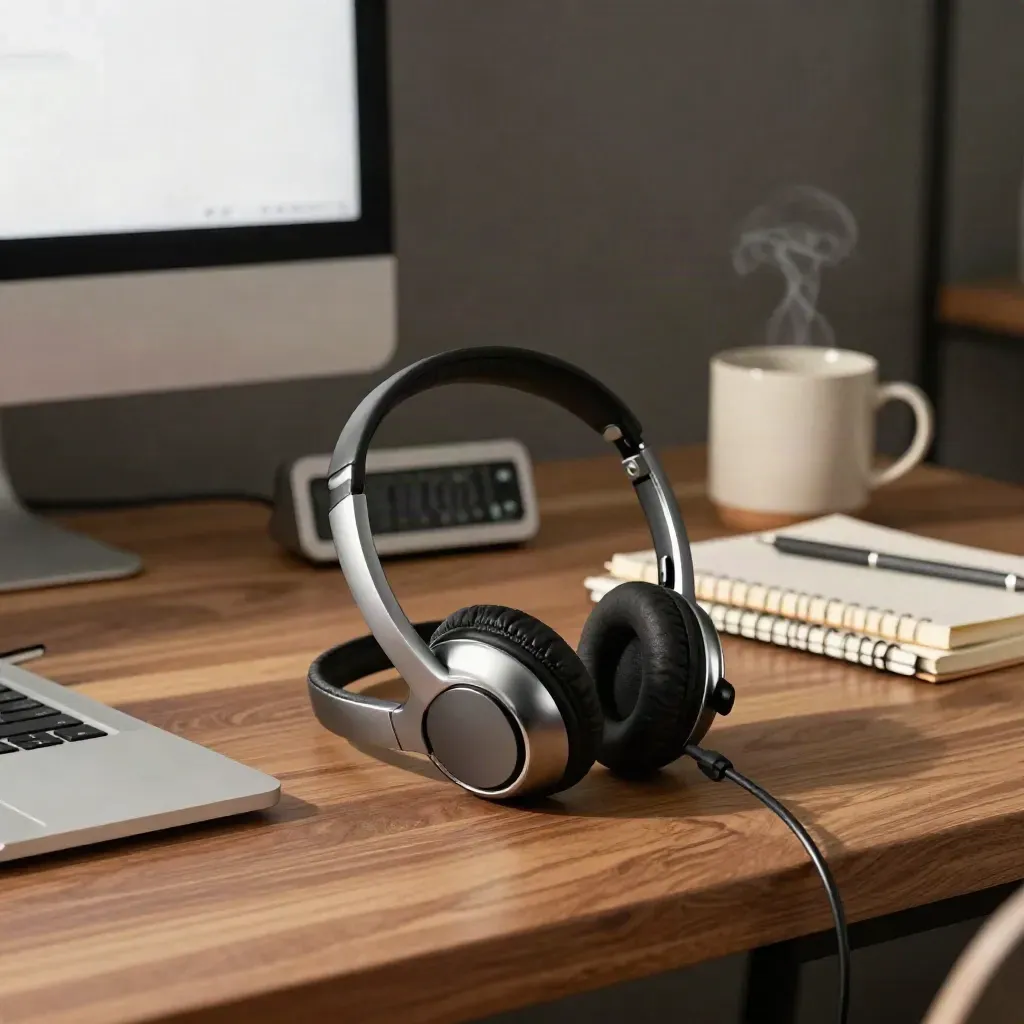 Closed laptop, headset, timer, mug and notebooks on a walnut care-plan desk in soft glow.
