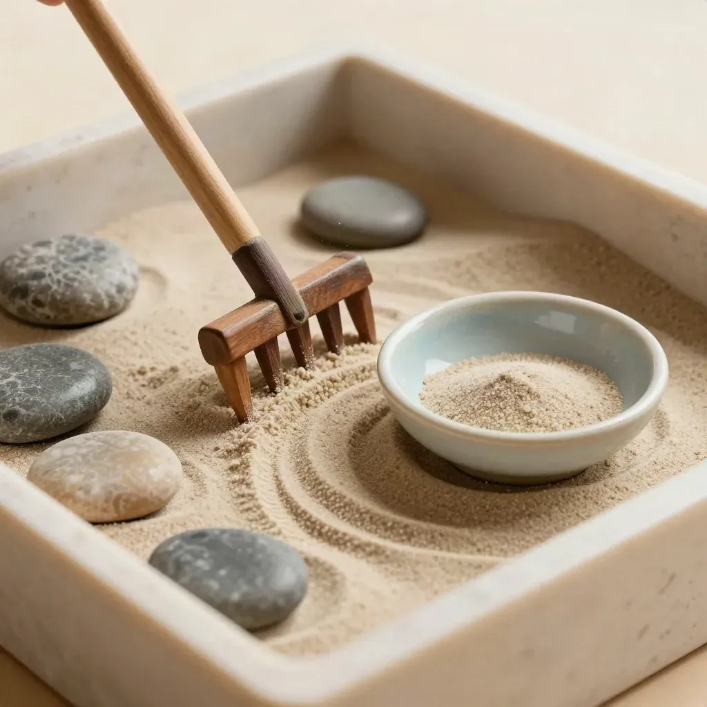 Macro of a sand tray therapy set with rake, river stones, and a glazed bowl.