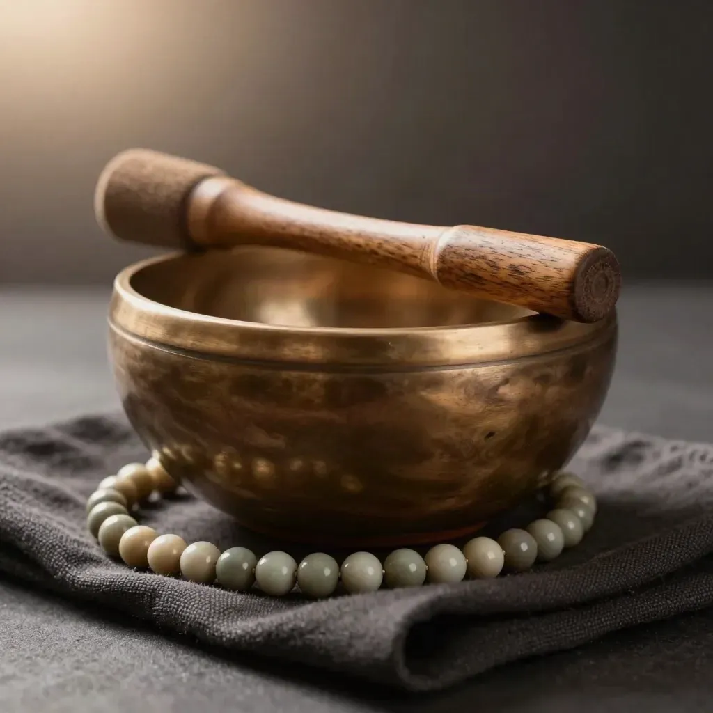 Low-angle macro of a singing bowl, mallet, and sage breathing beads on dark linen.
