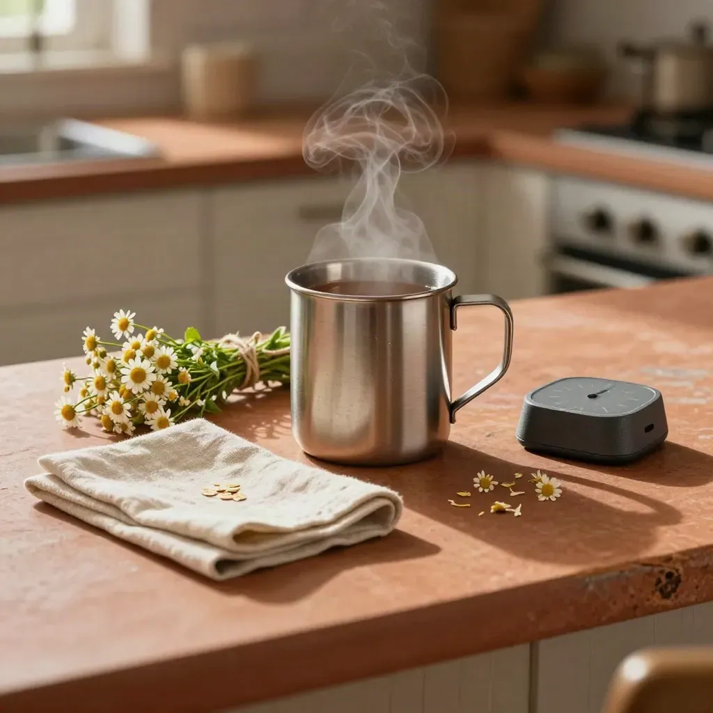 Insulated mug, chamomile bundle, linen napkin and timer on a rustic counter with steam.