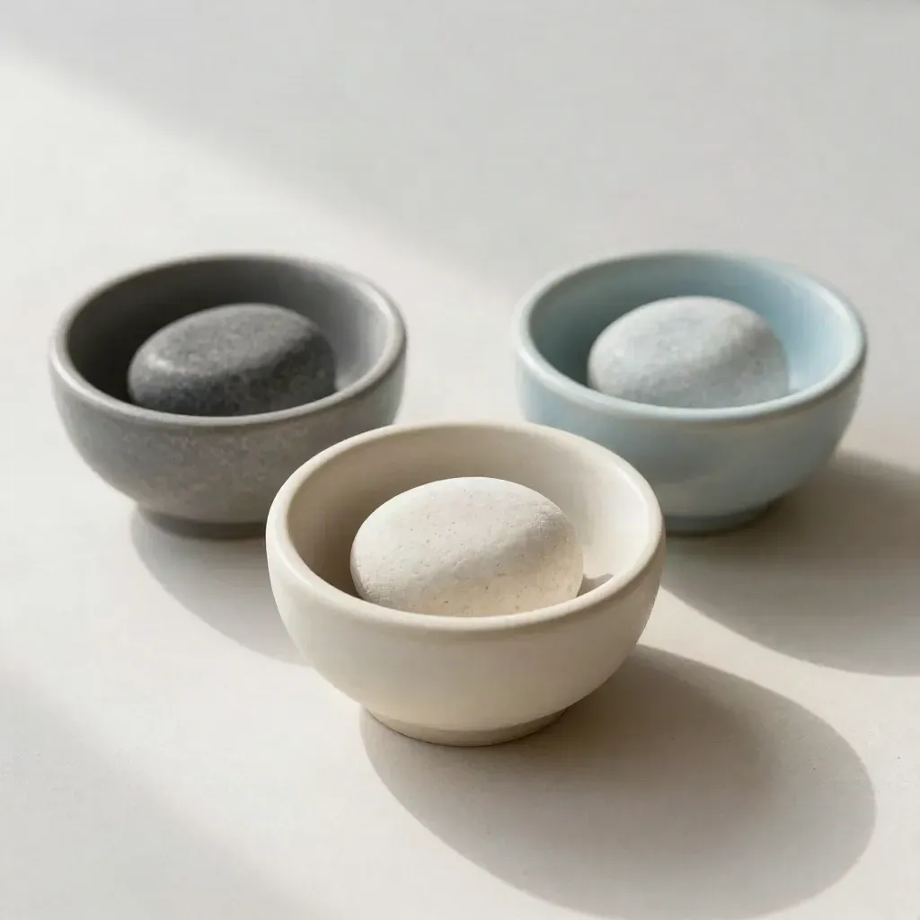 Three ceramic bowls with smooth stones on a pale plaster surface, calm wellness still life