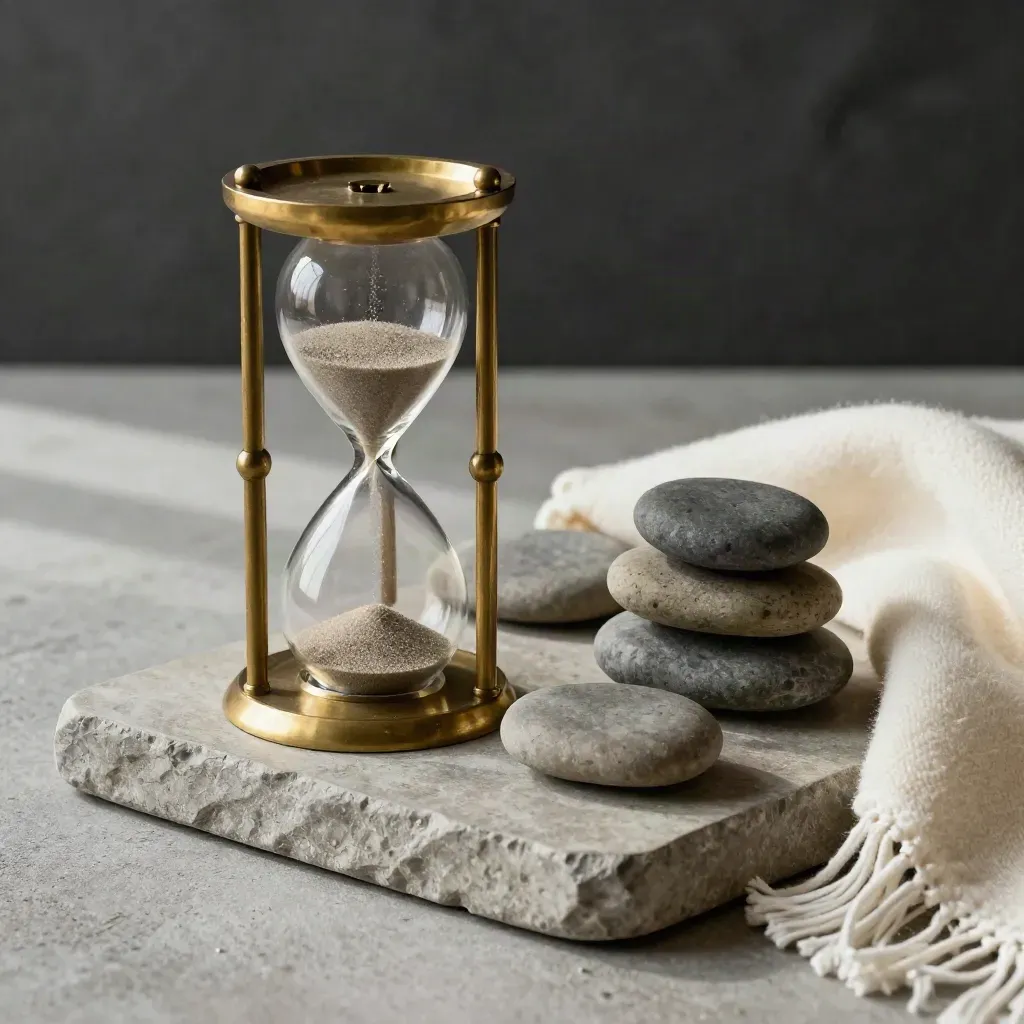 Brass hourglass, stacked stones, and ivory wool on a stone tray in soft side light.
