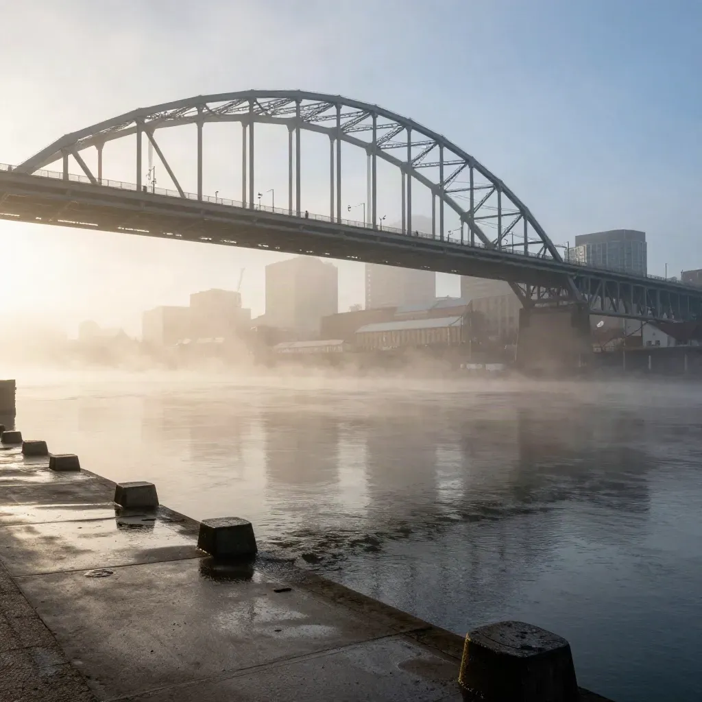 Misty Portland skyline and bridge at dawn above a calm riverbank
