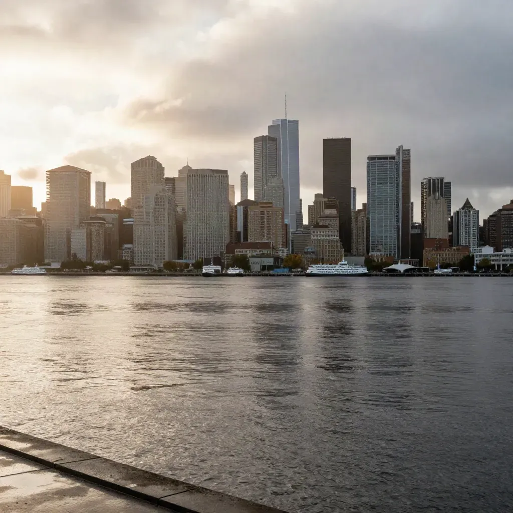 Seattle skyline over rain-bright water at golden hour, with mist and low clouds.