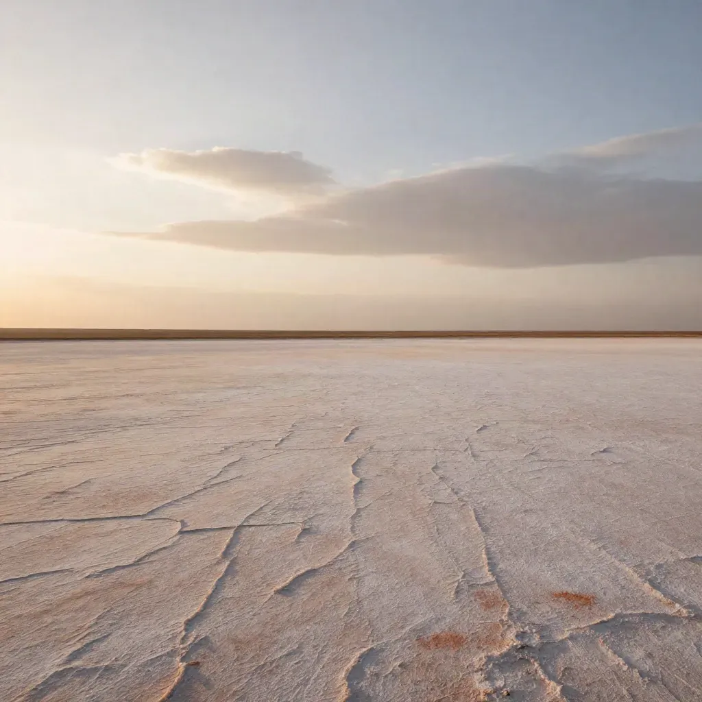 Hazy salt plain and layered clouds with warm light, leaving open calm space for copy