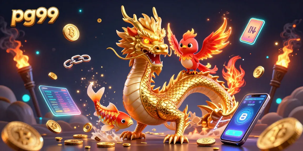 Experience thrilling wins at pg99 with a fierce dragon, phoenix, and koi fish in a dazzling casino scene.
