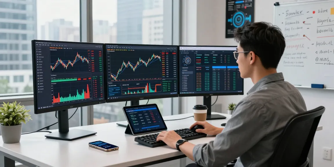 展示印股WebSocket推送接口的现代金融交易环境，开发者在高科技桌子前分析实时市场数据，背景为城市天际线。