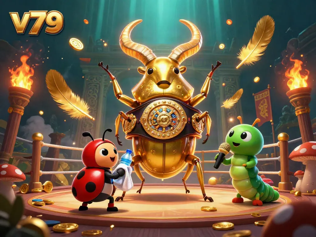 Witness dynamic v79 gameplay featuring a boxing stag beetle, ladybug assistant, and a caterpillar announcer amidst casino excitement.
