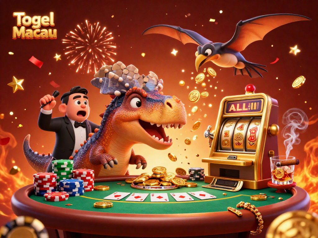 Togel Macau excitement of a dinosaur headbutting a slot machine, coins flying in a vibrant casino scene.