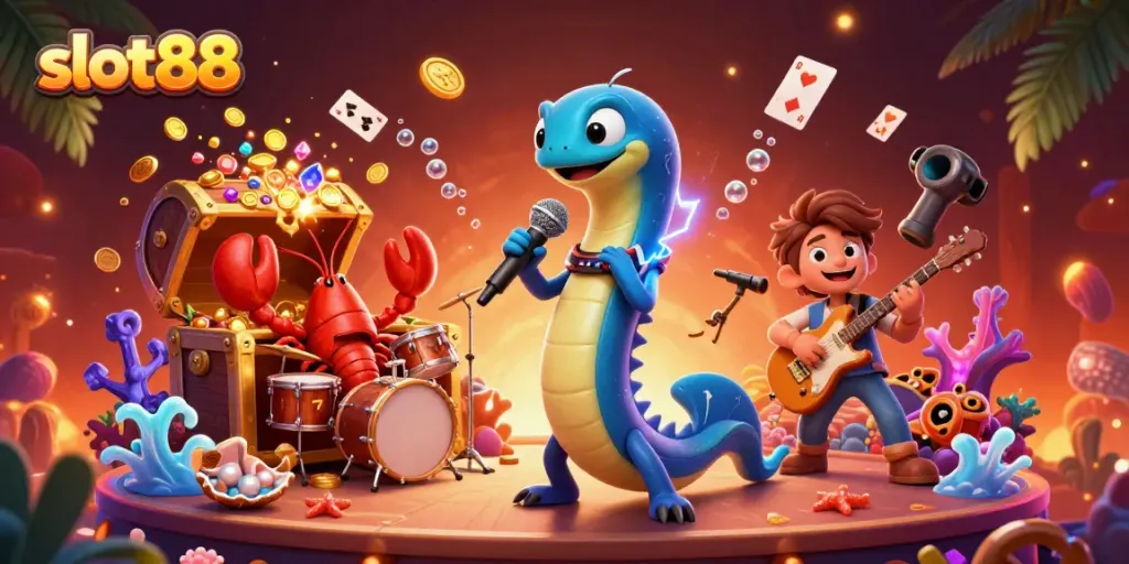 Engage with slot88 in a vibrant underwater casino featuring a DJing electric eel and lively band