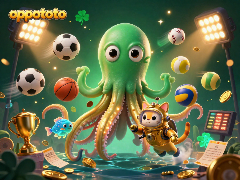 Engage with oppatoto featuring a kraken and a diving cat amidst dynamic sports elements and golden treasure.