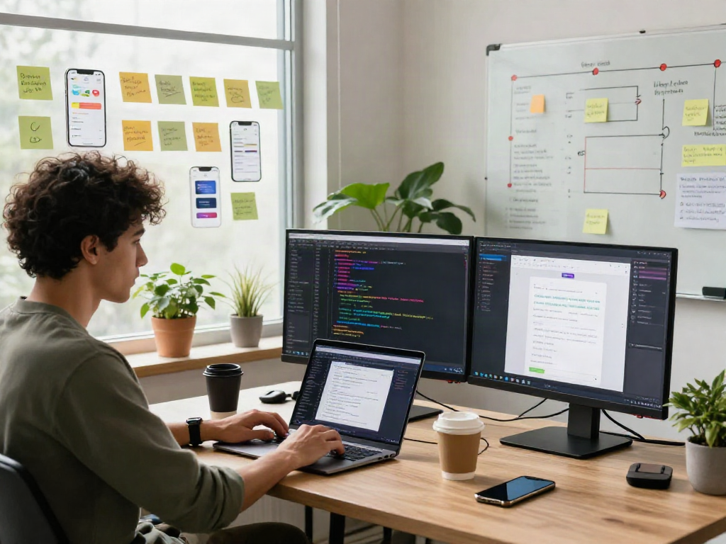 Mobile app developer working on gb whatsapp apk project in a vibrant workspace.