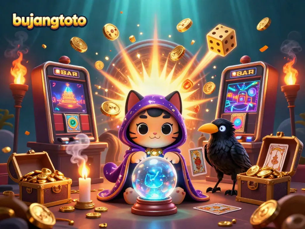 Bujangtoto showcases exciting gaming with a 3D fortune teller, raven, and dynamic slot machine bursting with coins.