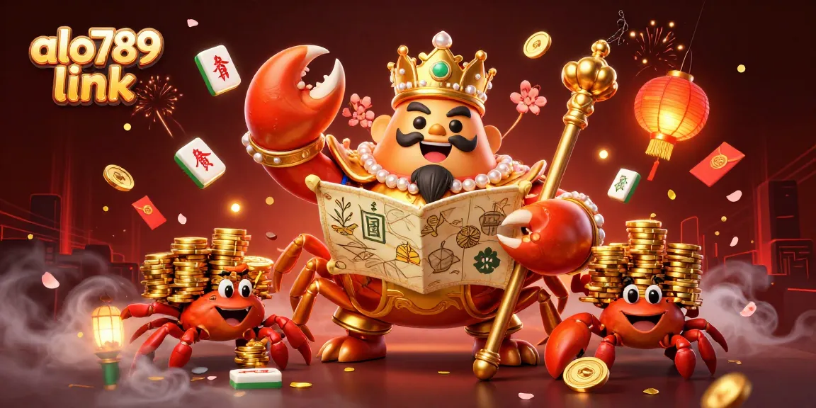 Experience the excitement of alo789 link with a stunning illustration of a golden crab emperor amidst vibrant casino elements.